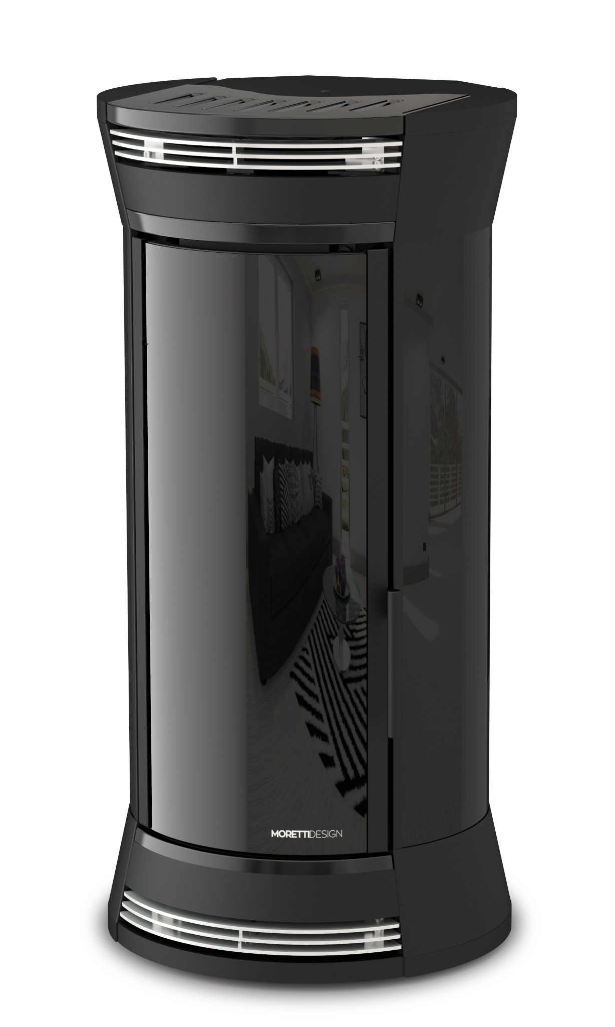 Stufa Moretti Design CLESSIDRA nera con rivestimento in vetro