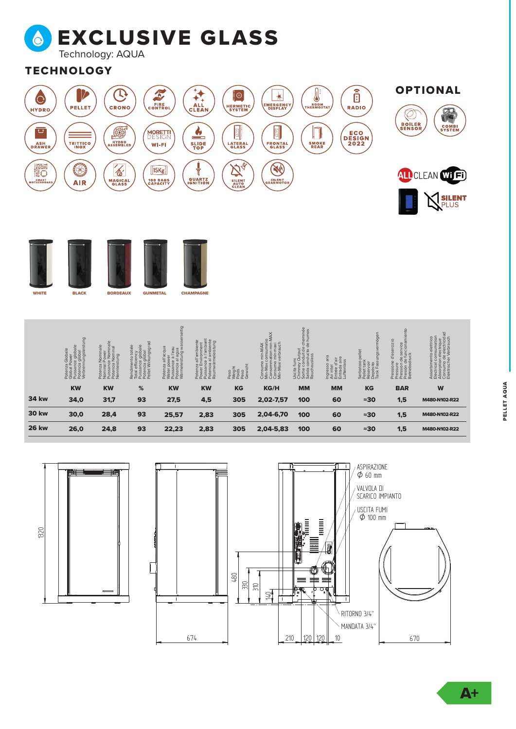 Scheda tecnica EXCLUSIVE GLASS AQUA: versioni 26, 30 e 34 kW, dati e dimensioni
