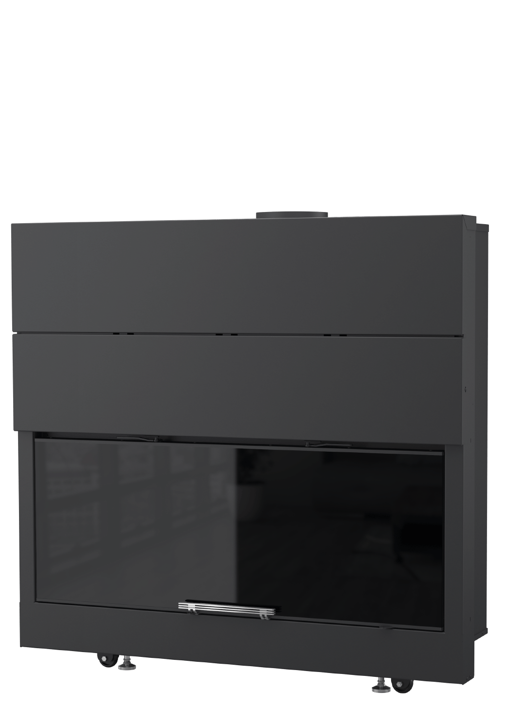Focolare a legna Moretti Design MONODESIGN 120 con ampia porta panoramica Magic Red Glass