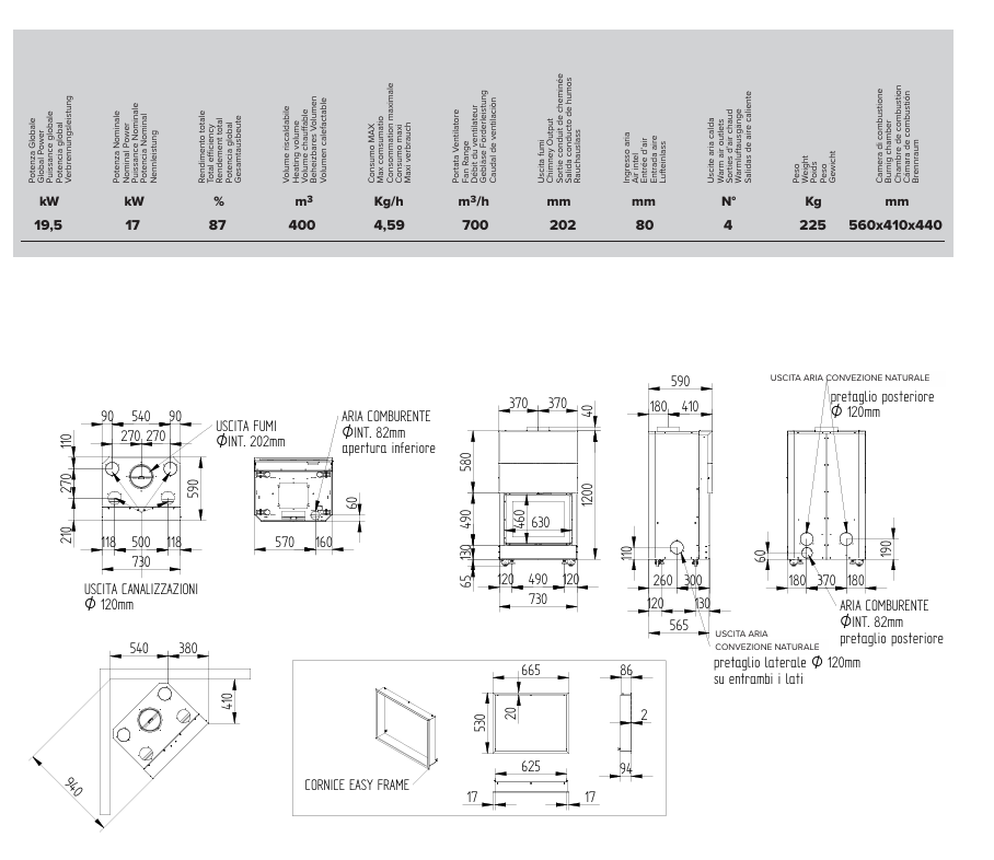 Dati tecnici e disegni dimensionali del focolare MONODESIGN 60