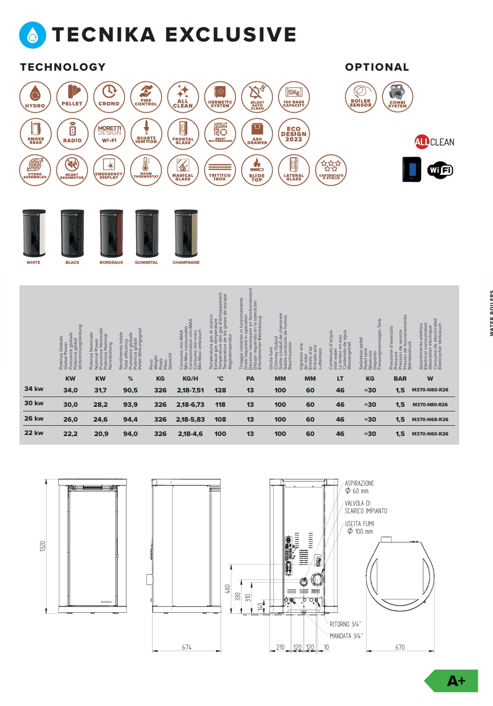 Scheda tecnica Tecnika Exclusive: potenze 22, 26, 30 e 34 kW, rendimenti, consumi e dimensioni
