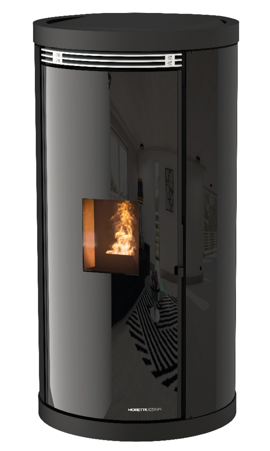 Caldaia a pellet Moretti Design Tecnika Exclusive in finitura Black con fiamma visibile